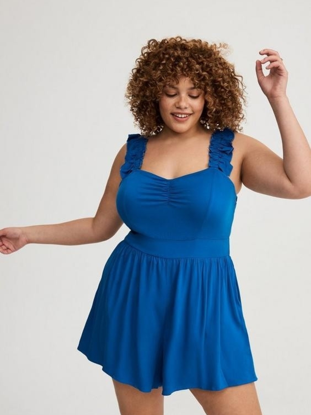 Torrid Plus Royal Blue Ruffled Straps Romper with Pockets Soft Stretch Challis